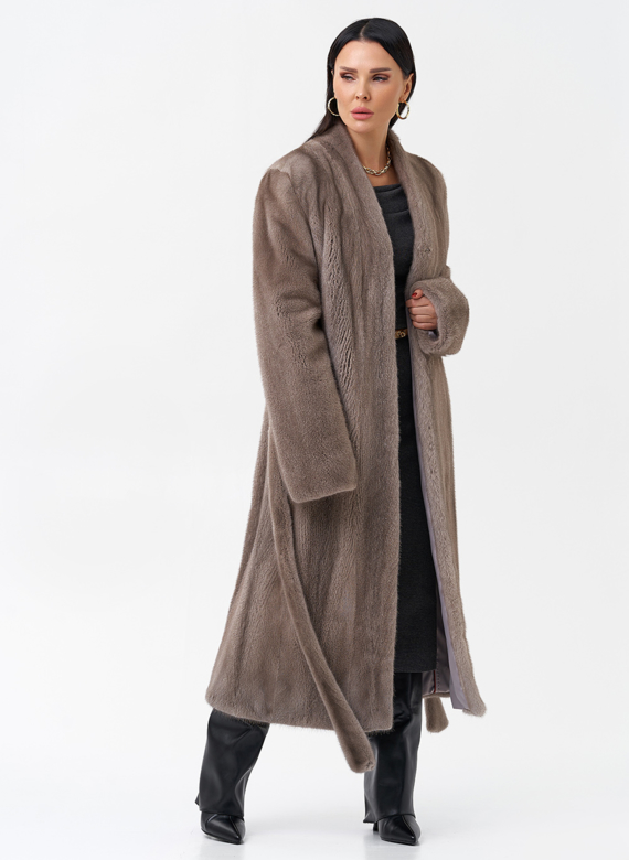 Длинная шуба из норки с поясом