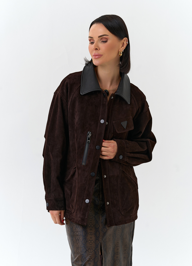 Женская куртка из натуральной замши модель № 32526 меха малина