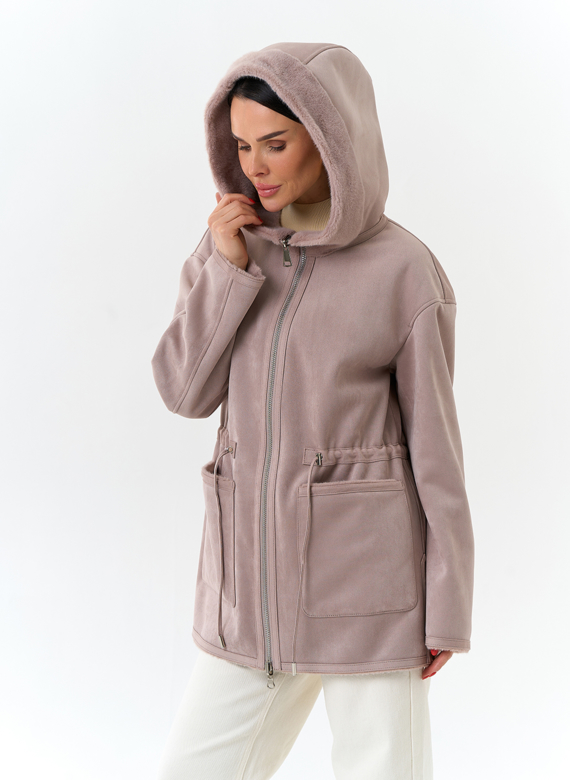 Двухсторонняя дубленка из эко замши с капюшоном