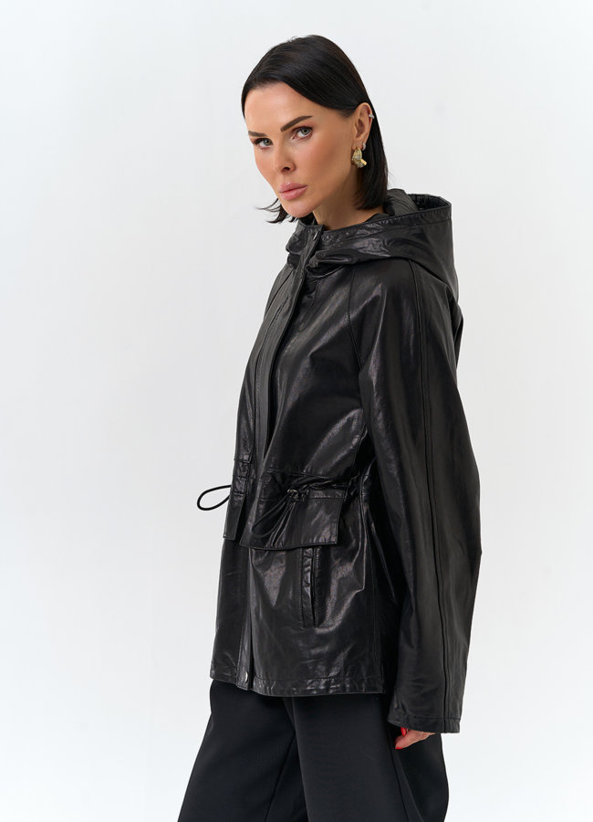 Женская куртка из натуральной кожи  с капюшоном модель № 32528 универмаг малина