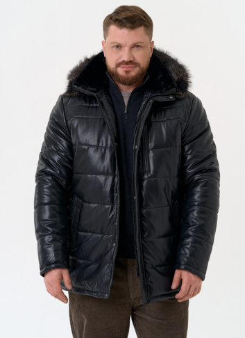 Пуховик из эко кожи с капюшоном из меха енота Пуховик из эко кожи с капюшоном из меха енота