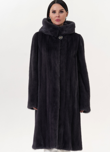 Шуба из норки классическая с капюшоном цвете графит