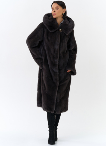 Женская шуба из норки силуэта баллон с капюшоном Женская шуба из норки силуэта баллон с капюшоном