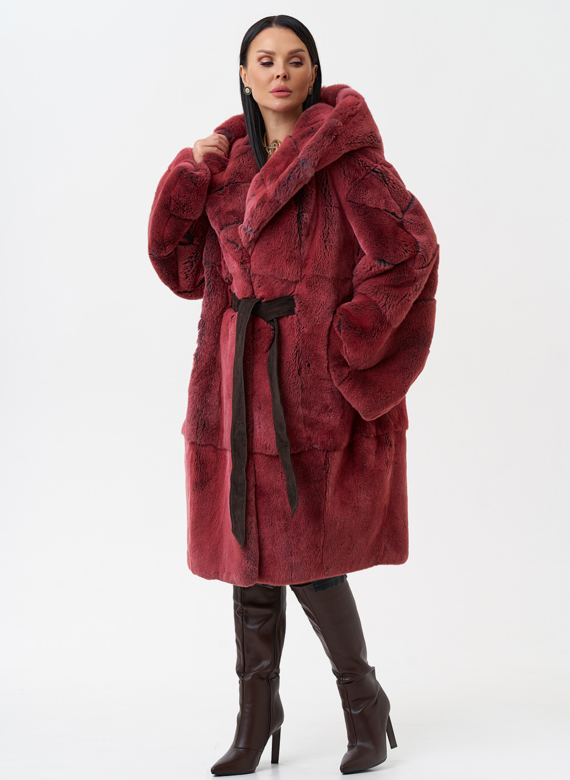 Шуба из меха кролика с капюшоном