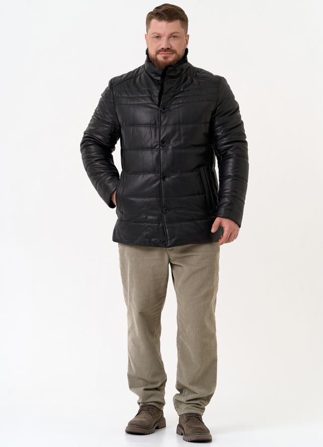 фото Пуховик из натуральной кожи с воротником стойкой модель № 26053