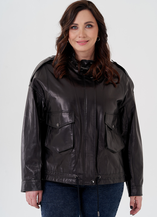 Куртка из натуральной кожи черного цвета модель № 24096 меха малина