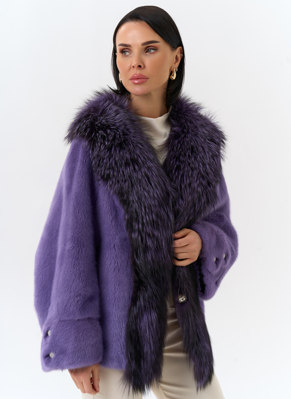 Шуба из норки с отделкой из меха чернобурки