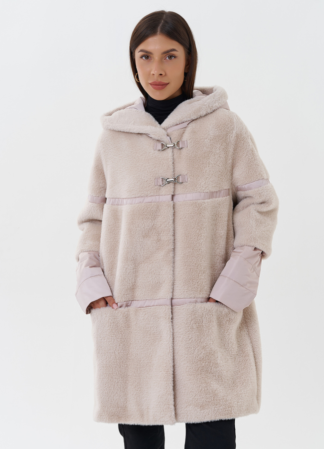 фото Комбинированное пальто из эко меха с капюшоном модель № 27652