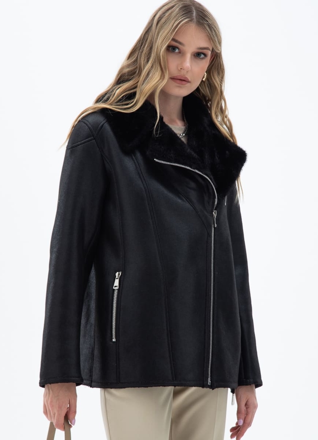 Женская дубленка из эко кожи с отделкой из эко меха модель № 32025 меха малина