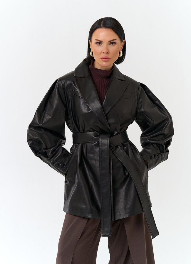 Жакет из натуральной кожи с поясом модель № 32885 универмаг малина