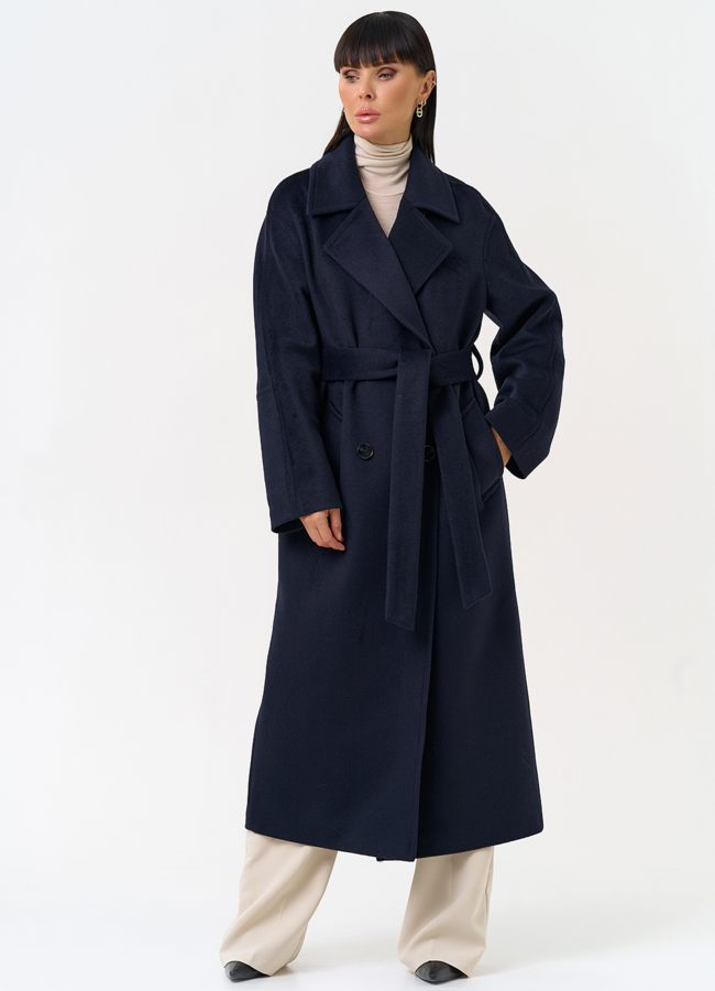 Женское пальто синего цвета с поясом модель № 31688 меха малина