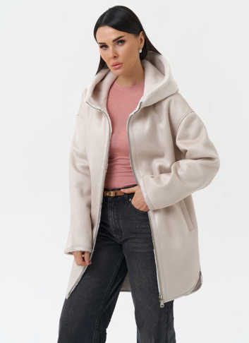 Женская дубленка из эко замши с капюшоном