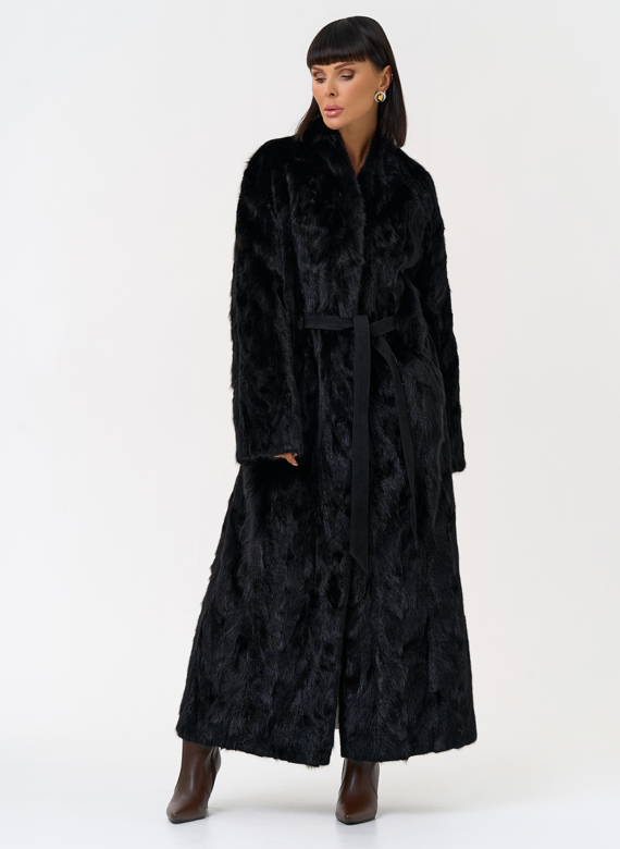 Длинная шуба из меха норки с поясом