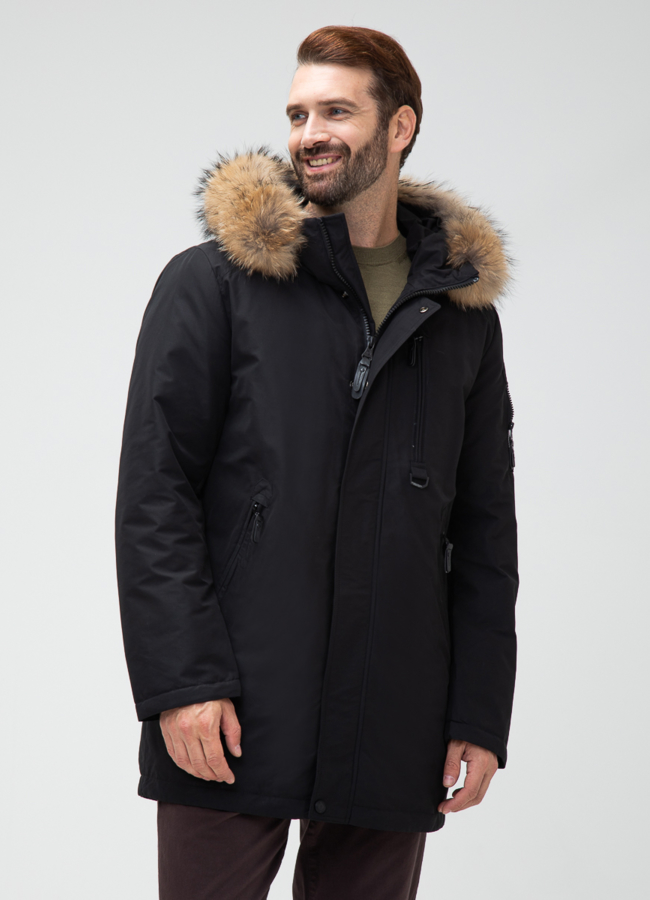 Мужской пуховик с капюшоном из меха енота модель № 28001 меха малина