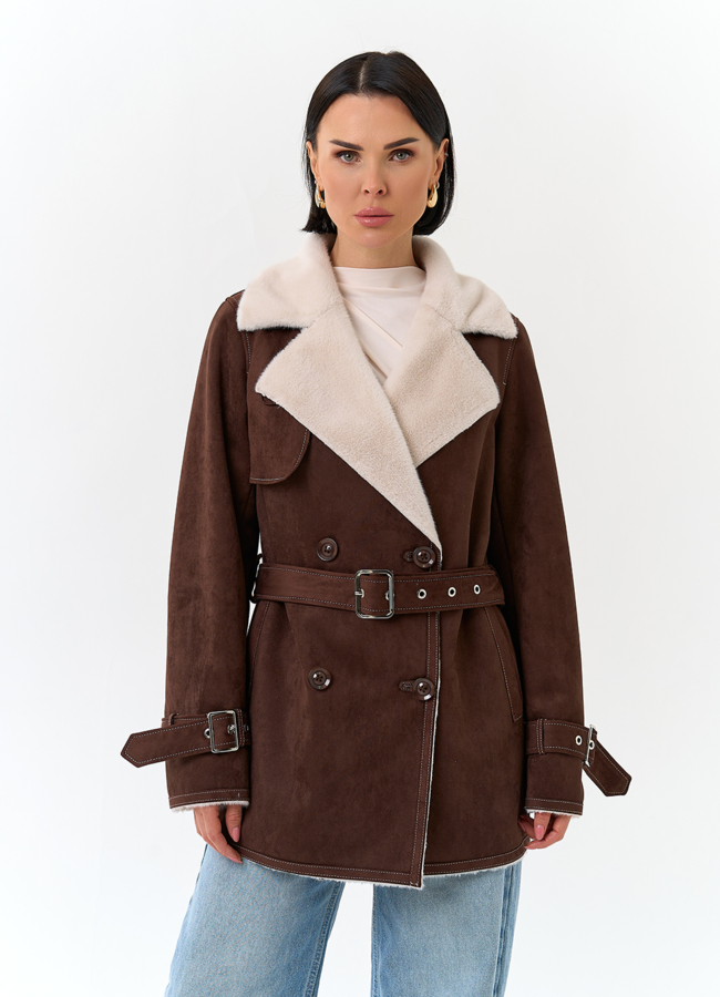 Женская дубленка из эко замши с английским воротником модель № 32786 меха малина