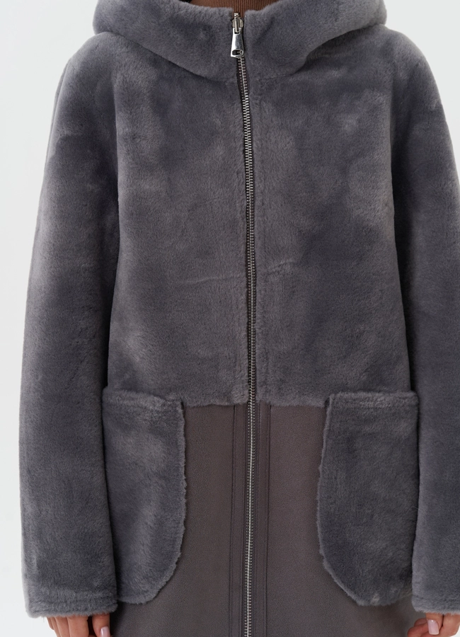 Двухсторонняя эко дубленка с капюшоном модель № 27764 универмаг малина