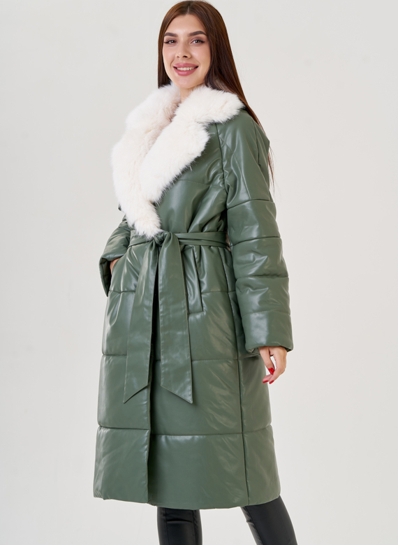 Женский классический пуховик Malina Siberian из эко кожи в зеленом цвете