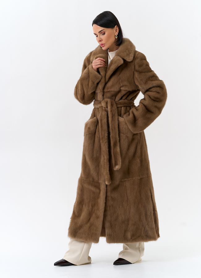 Длинная шуба из меха норки с английским воротником модель № 32067 в рассрочку