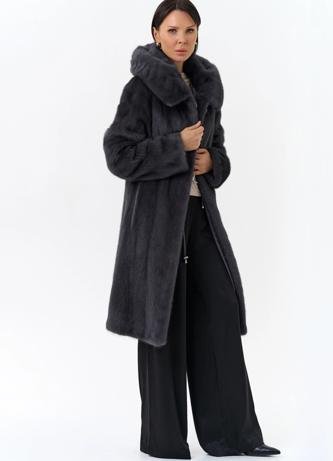 Норковая шуба годе/балетка в роспуск с капюшоном цвета графит модель № 27646 универмаг малина