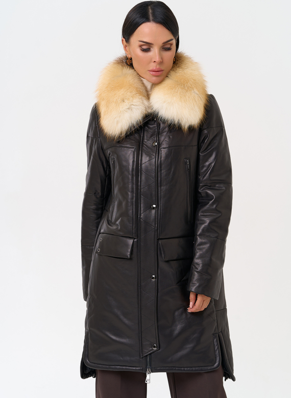 Кожаный пуховик с воротником из лисы
