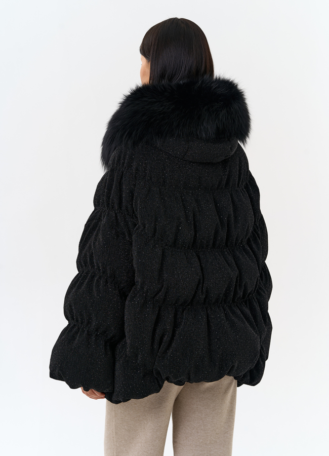 фото Женский блестящий пуховик с отделкой из меха чернобурки модель № 31816