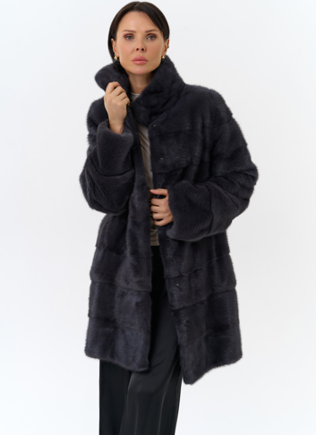 Норковая шуба с воротником стойка в цвете графит