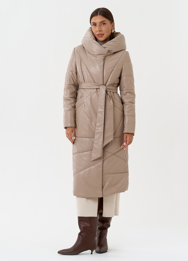 Женский пуховик из эко кожи с поясом модель № 28516 в кредит