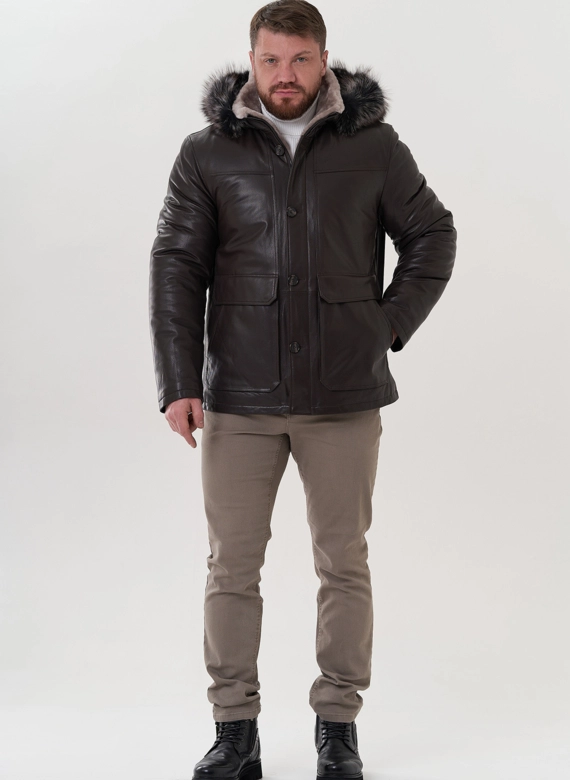 Пуховик из натуральной кожи с капюшоном фото