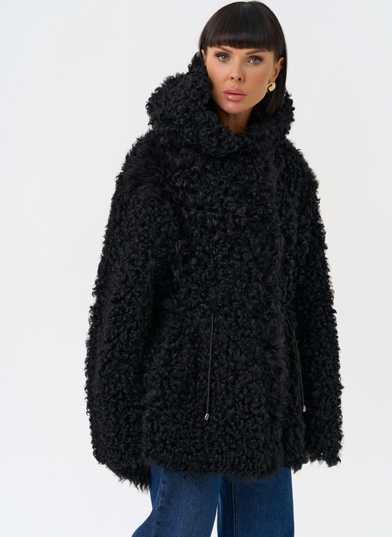 Женская двухсторонняя дубленка с капюшоном