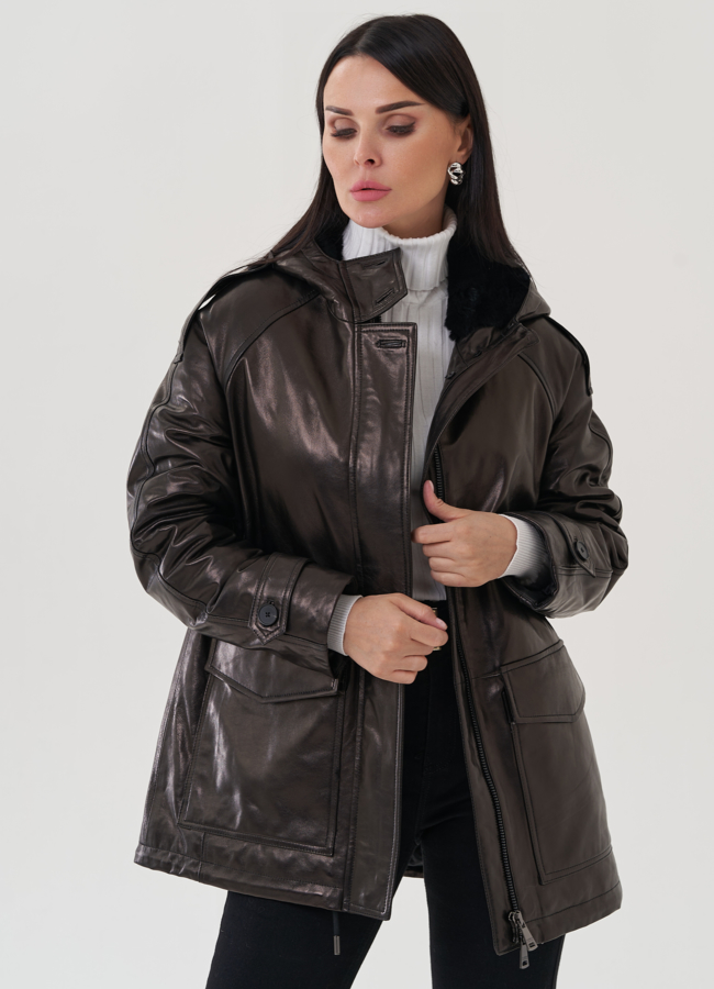 Куртка из натуральной кожи черного цвета с поясом модель № 25363 в рассрочку