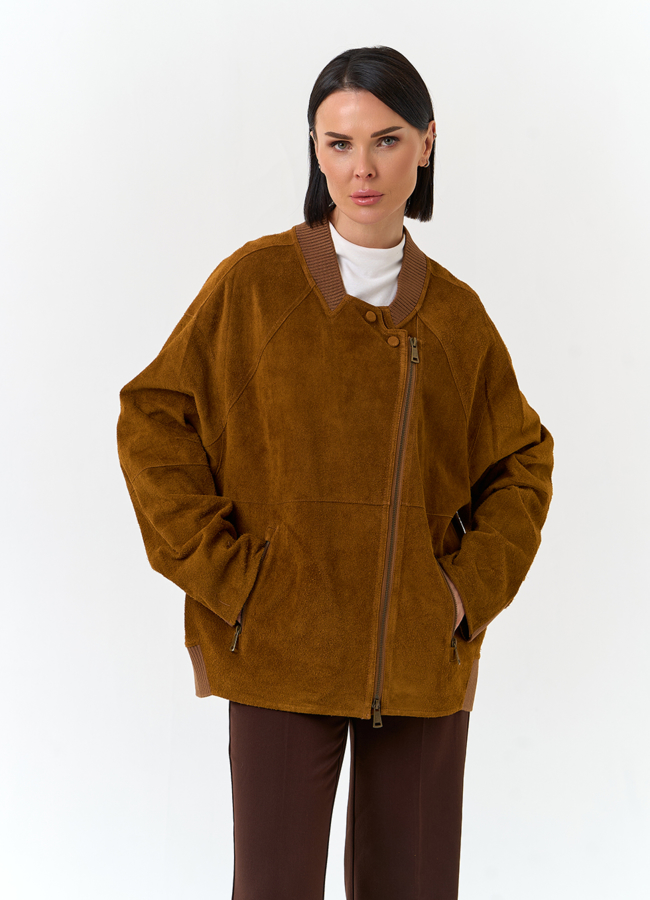 Женская куртка из натуральной замши модель № 33102 меха малина