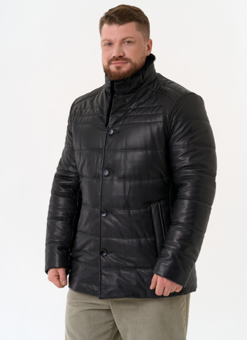 Пуховик из натуральной кожи с воротником стойкой