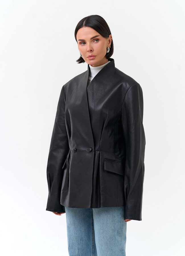 Двубортный жакет из натуральной кожи модель № 34105 универмаг малина