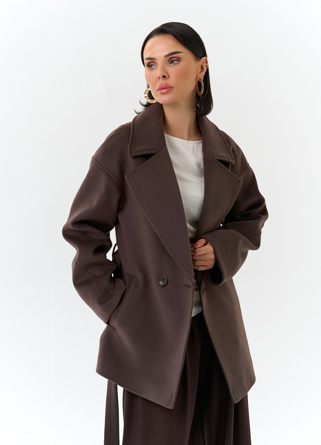 Женское укороченное пальто с поясом модель № 32683 универмаг малина