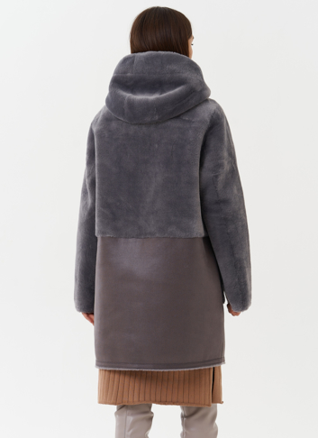 Двухсторонняя эко дубленка с капюшоном