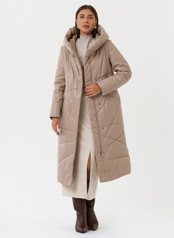 Женский пуховик из эко кожи с поясом