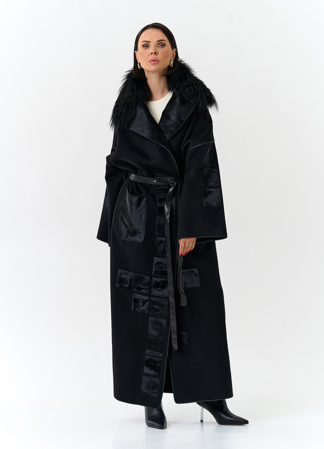 Женское длинное пальто с отделкой из меха лисы модель № 32649 в рассрочку