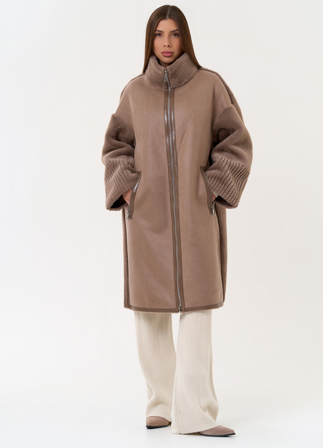 Женская двухсторонняя дубленка из эко замши с воротником стойкой модель № 31415 в рассрочку