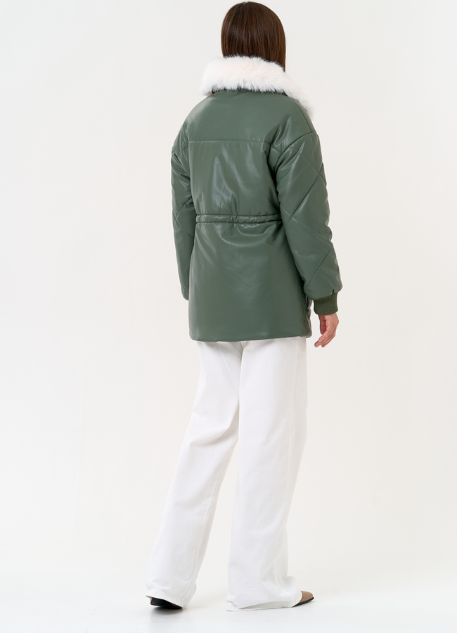 Женский пуховик из эко кожи с воротником из эко меха модель № 30723 в кредит