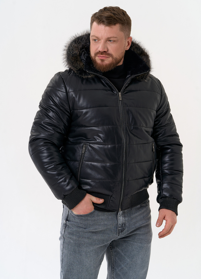 Пуховик из эко кожи черного цвета  модель № 31724 в кредит