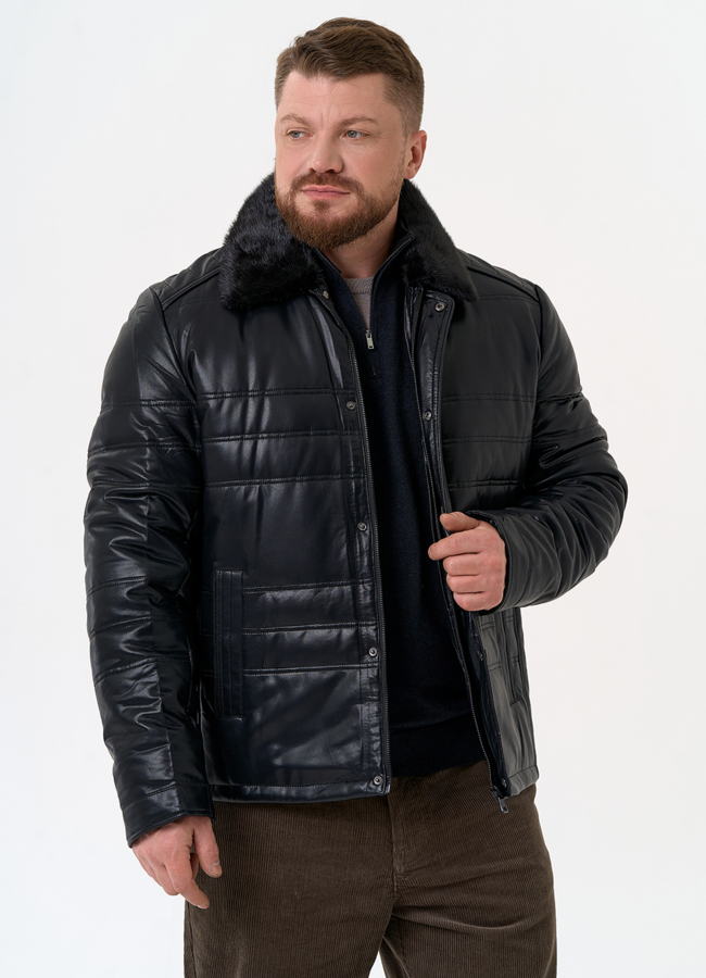 Пуховик из эко кожи с воротником стойкой модель № 31723 универмаг малина