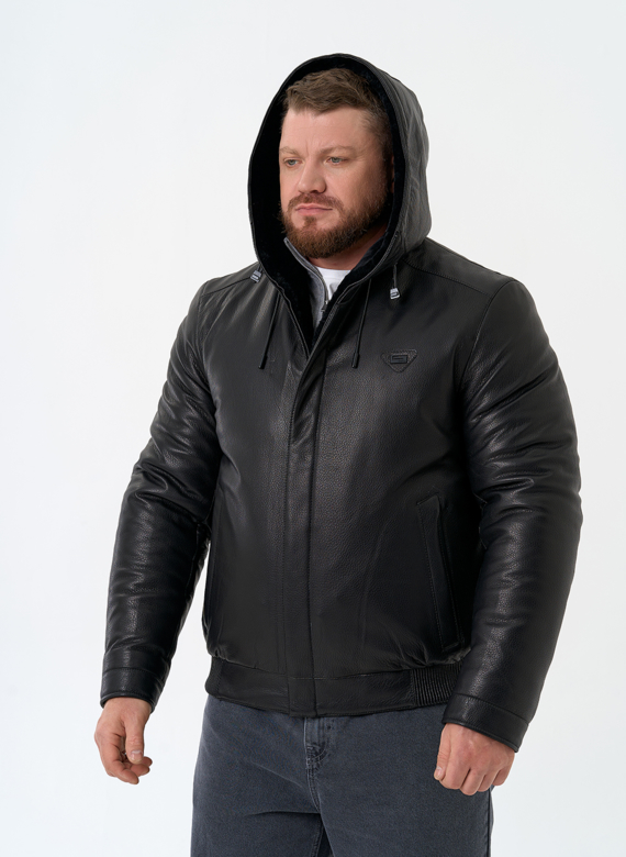 Мужской пуховик из натуральной кожи с капюшоном