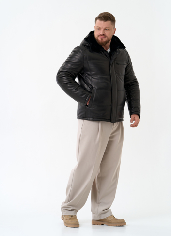 Мужской пуховик из натуральной кожи с капюшоном