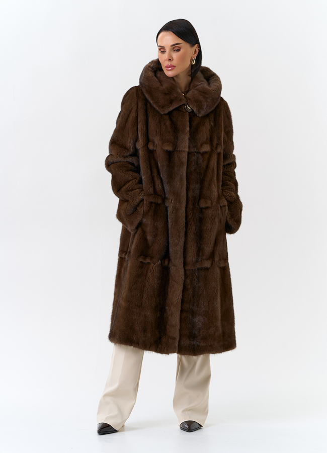 Женская шуба из меха норки с капюшоном  модель № 32107 меха малина