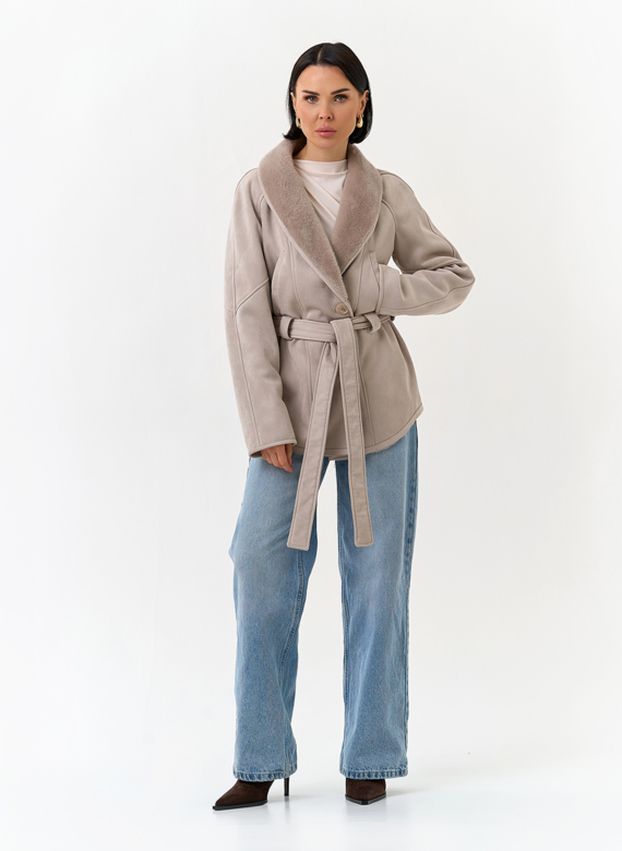 Женская дубленка из эко замши с поясом